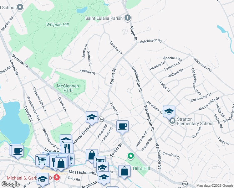 map of restaurants, bars, coffee shops, grocery stores, and more near 20 Brand Street in Arlington