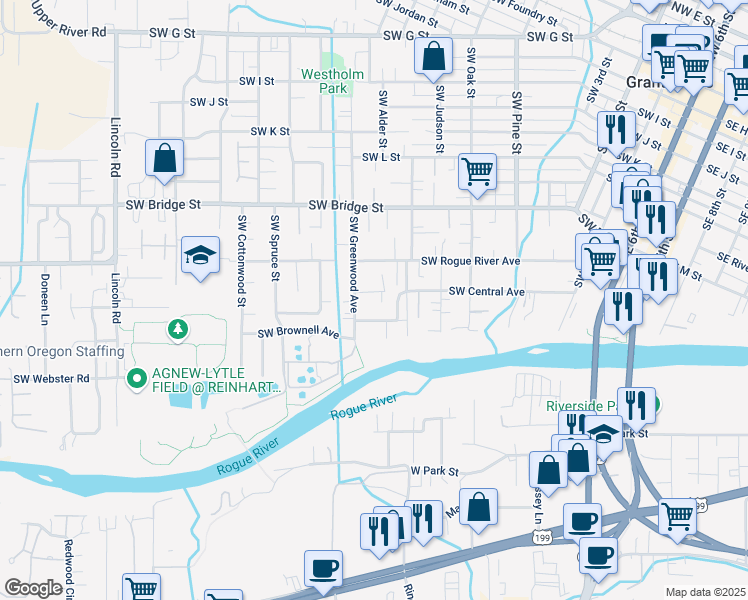 map of restaurants, bars, coffee shops, grocery stores, and more near 1124 Southwest Ballinger Drive in Grants Pass