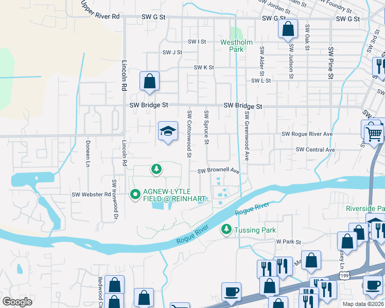 map of restaurants, bars, coffee shops, grocery stores, and more near 1135 Southwest Cottonwood Street in Grants Pass