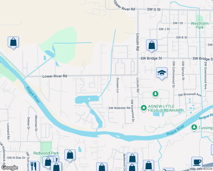 map of restaurants, bars, coffee shops, grocery stores, and more near 916 Schaefers Lane in Grants Pass