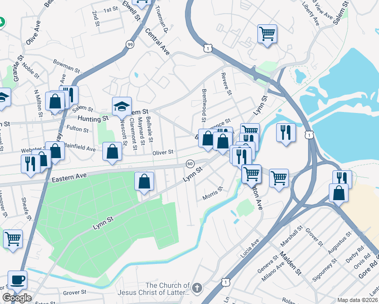map of restaurants, bars, coffee shops, grocery stores, and more near 110 Oliver Street in Malden