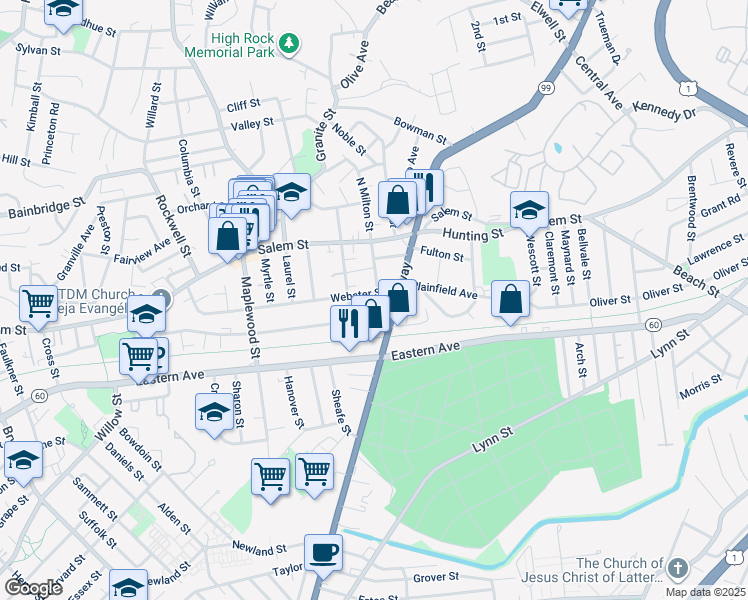 map of restaurants, bars, coffee shops, grocery stores, and more near 264 Broadway in Malden