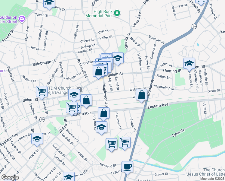 map of restaurants, bars, coffee shops, grocery stores, and more near 112 Webster Street in Malden