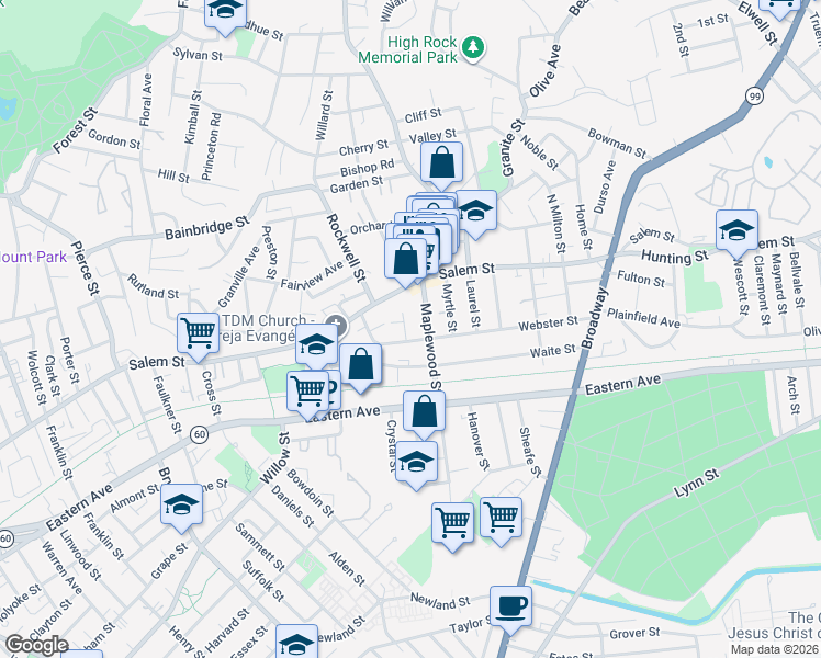 map of restaurants, bars, coffee shops, grocery stores, and more near 45 Maplewood Street in Malden