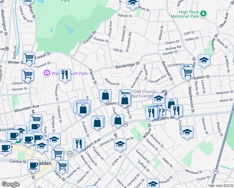 map of restaurants, bars, coffee shops, grocery stores, and more near 43 Bowers Avenue in Malden