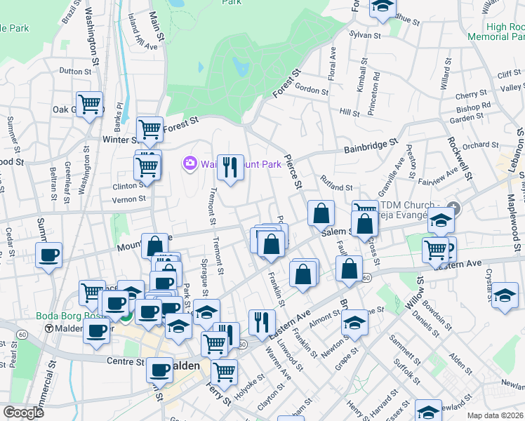 map of restaurants, bars, coffee shops, grocery stores, and more near 75 Wolcott Street in Malden
