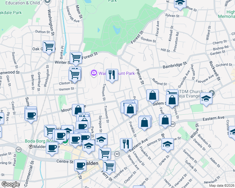 map of restaurants, bars, coffee shops, grocery stores, and more near 81 Mount Vernon Street in Malden
