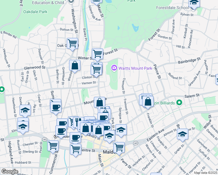 map of restaurants, bars, coffee shops, grocery stores, and more near 52 Crescent Avenue in Malden