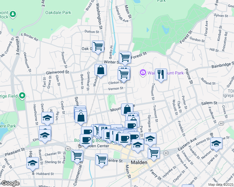 map of restaurants, bars, coffee shops, grocery stores, and more near 16 Clifton Street in Malden