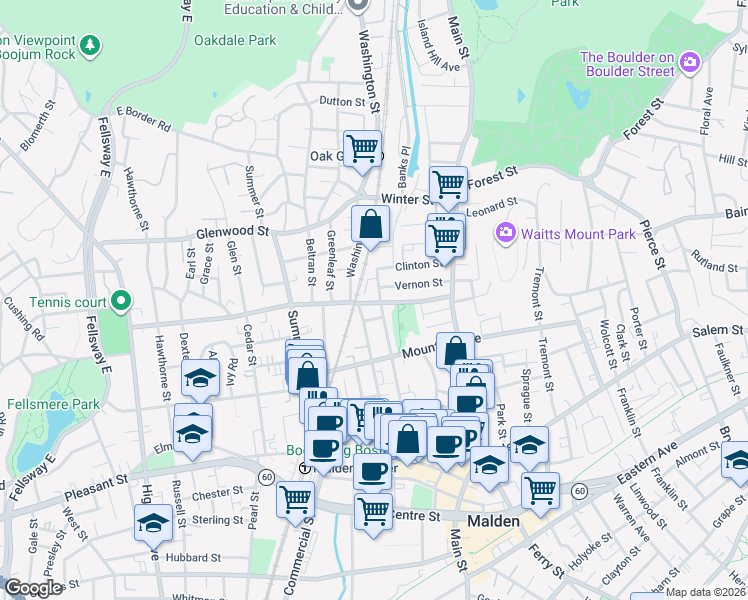 map of restaurants, bars, coffee shops, grocery stores, and more near 92 Clifton Street in Malden