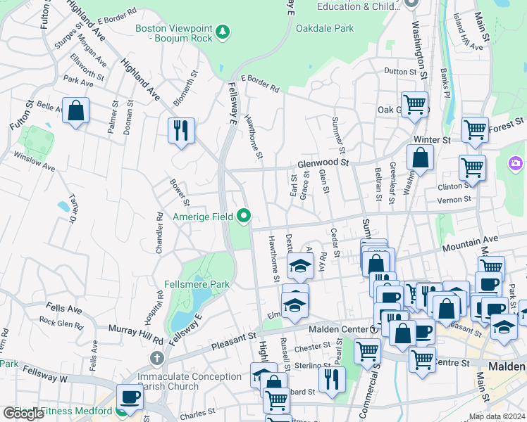 map of restaurants, bars, coffee shops, grocery stores, and more near 129 Hawthorne Street in Malden