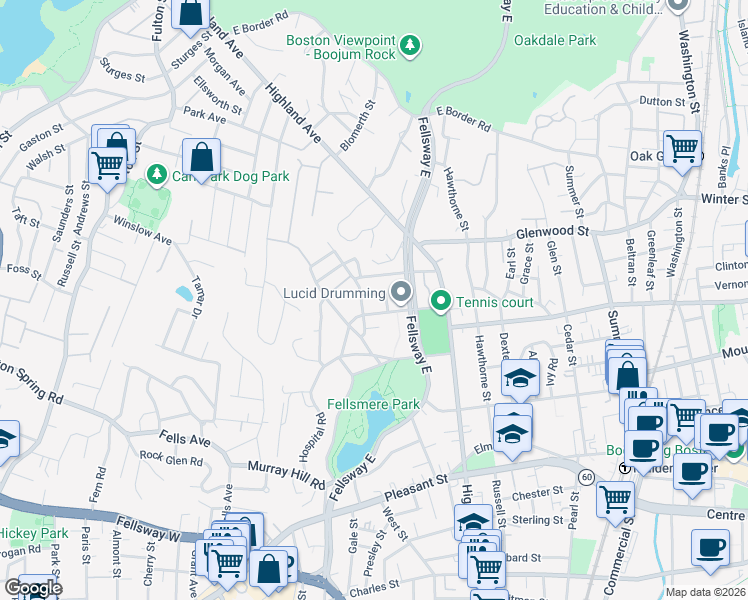 map of restaurants, bars, coffee shops, grocery stores, and more near 40 Clyde Street in Malden