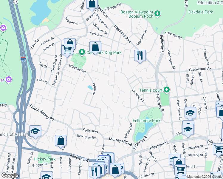 map of restaurants, bars, coffee shops, grocery stores, and more near 52 Doane Road in Medford