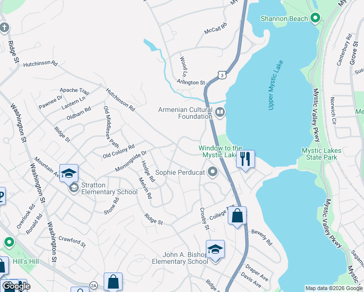 map of restaurants, bars, coffee shops, grocery stores, and more near 2 Morningside Drive in Arlington