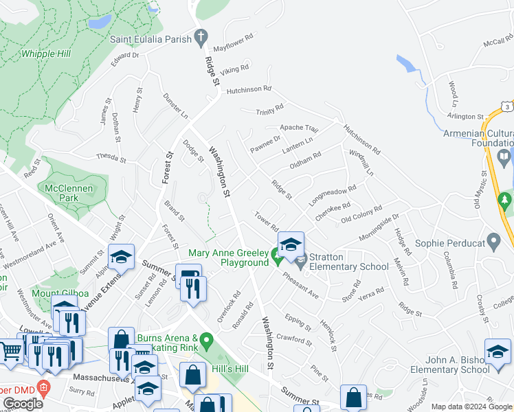 map of restaurants, bars, coffee shops, grocery stores, and more near 85 Tower Road in Arlington