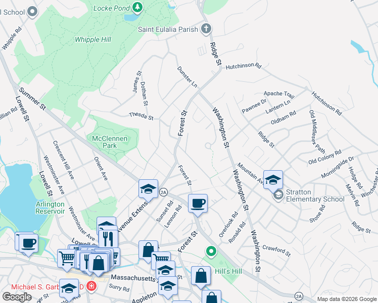 map of restaurants, bars, coffee shops, grocery stores, and more near 20 Brand Street in Arlington