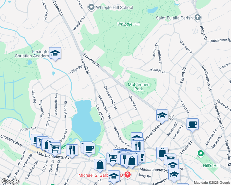map of restaurants, bars, coffee shops, grocery stores, and more near 125 Crescent Hill Avenue in Arlington