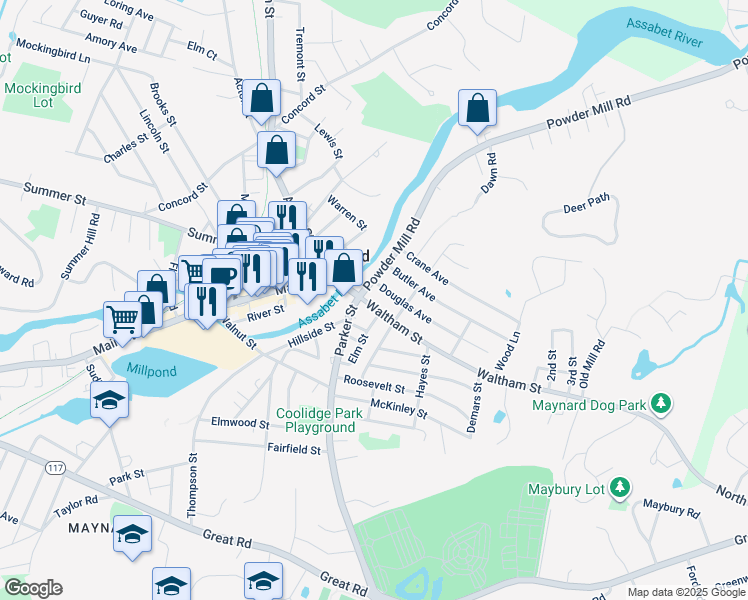 map of restaurants, bars, coffee shops, grocery stores, and more near 18 Waltham Street in Maynard