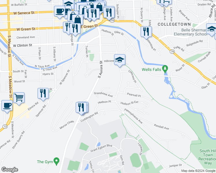 map of restaurants, bars, coffee shops, grocery stores, and more near 132 Grandview Court in Ithaca