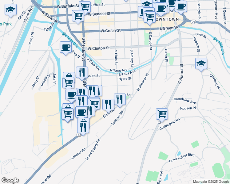 map of restaurants, bars, coffee shops, grocery stores, and more near 800 South Plain Street in Ithaca