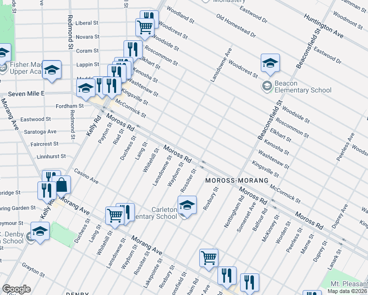 map of restaurants, bars, coffee shops, grocery stores, and more near 19155 Moross Road in Detroit