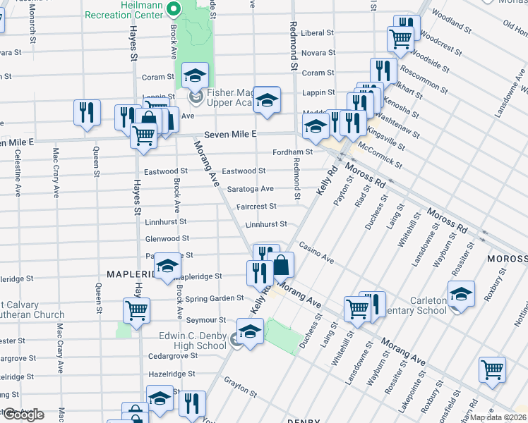 map of restaurants, bars, coffee shops, grocery stores, and more near 15822 Faircrest Street in Detroit