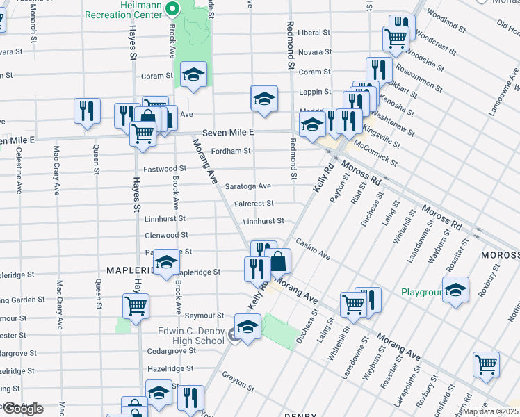 map of restaurants, bars, coffee shops, grocery stores, and more near 15822 Faircrest Street in Detroit