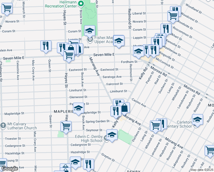 map of restaurants, bars, coffee shops, grocery stores, and more near 18632 Morang Avenue in Detroit