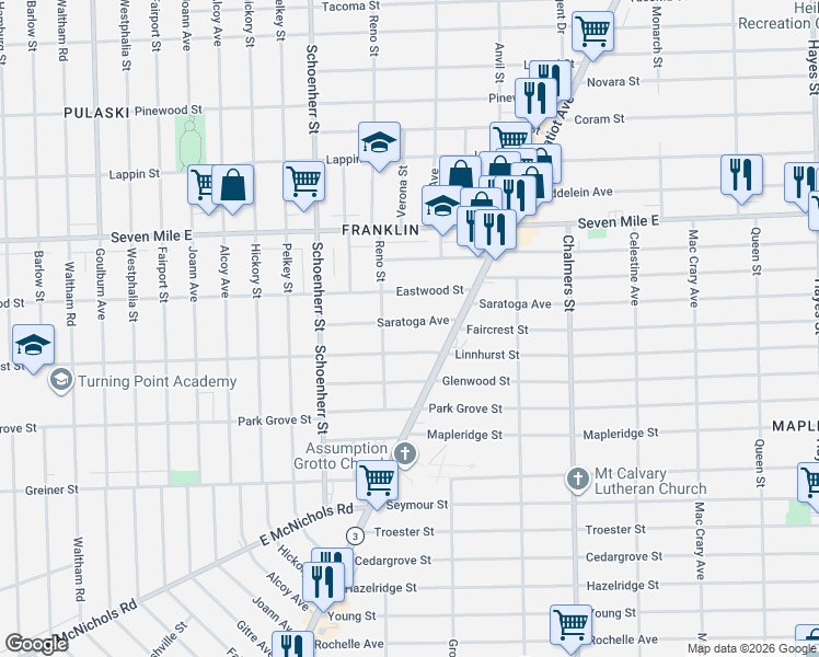 map of restaurants, bars, coffee shops, grocery stores, and more near 13850 Saratoga Avenue in Detroit