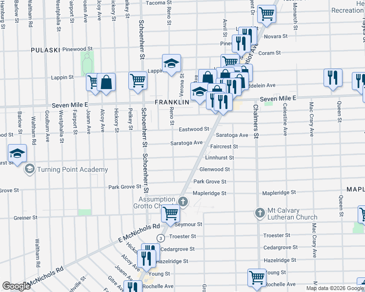 map of restaurants, bars, coffee shops, grocery stores, and more near 13850 Saratoga Avenue in Detroit