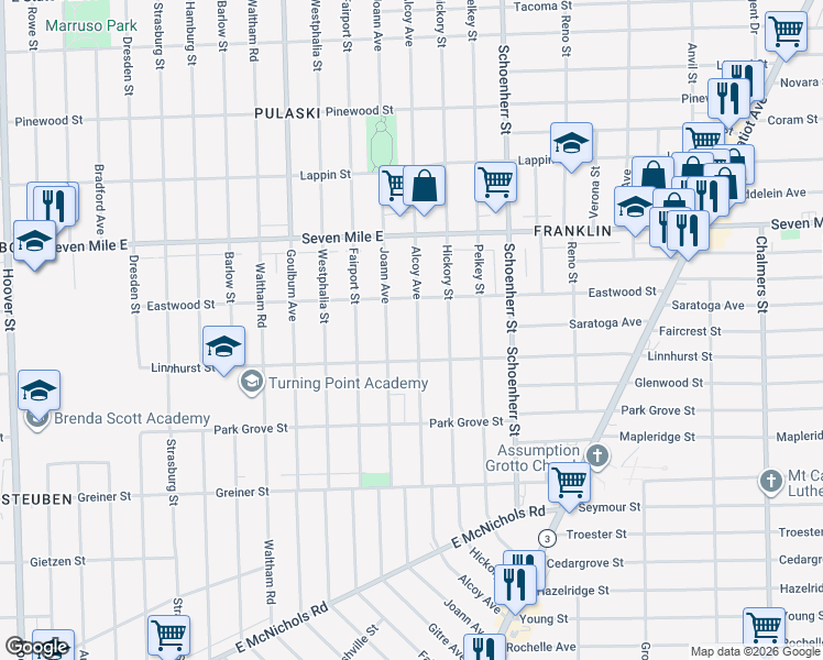 map of restaurants, bars, coffee shops, grocery stores, and more near 18651 Alcoy Avenue in Detroit