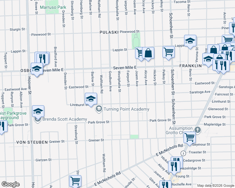 map of restaurants, bars, coffee shops, grocery stores, and more near 18658 Westphalia Street in Detroit