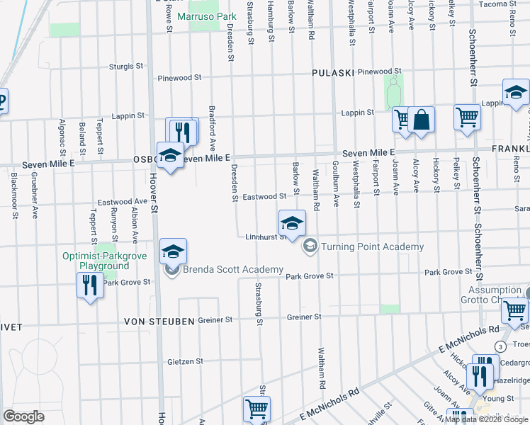 map of restaurants, bars, coffee shops, grocery stores, and more near 18666 Strasburg Street in Detroit