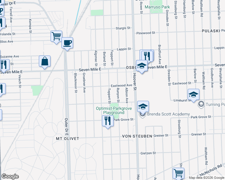 map of restaurants, bars, coffee shops, grocery stores, and more near 18687 Teppert Street in Detroit