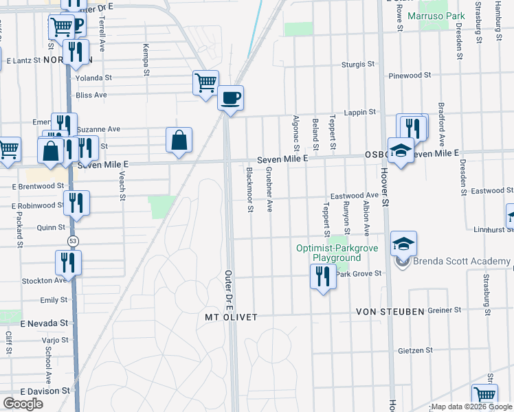 map of restaurants, bars, coffee shops, grocery stores, and more near 18696 Blackmoor Street in Detroit