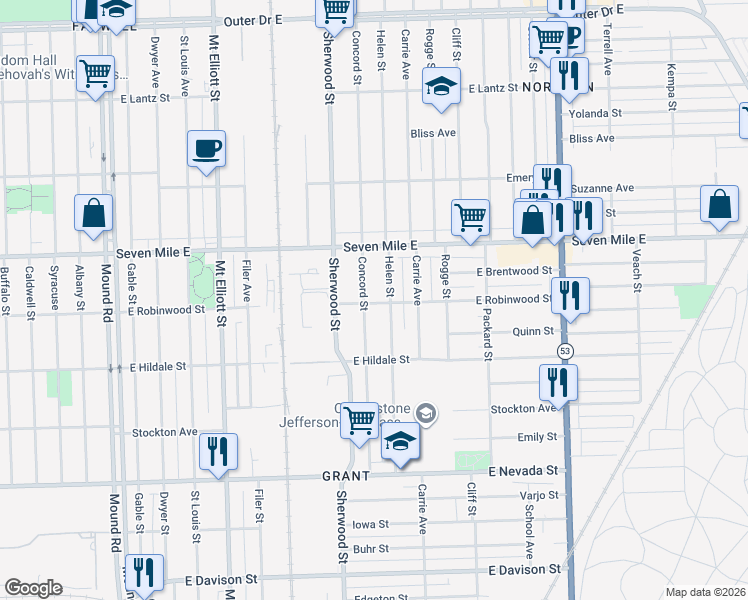 map of restaurants, bars, coffee shops, grocery stores, and more near 18714 Concord Street in Detroit