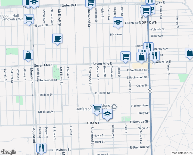 map of restaurants, bars, coffee shops, grocery stores, and more near 18714 Concord Street in Detroit