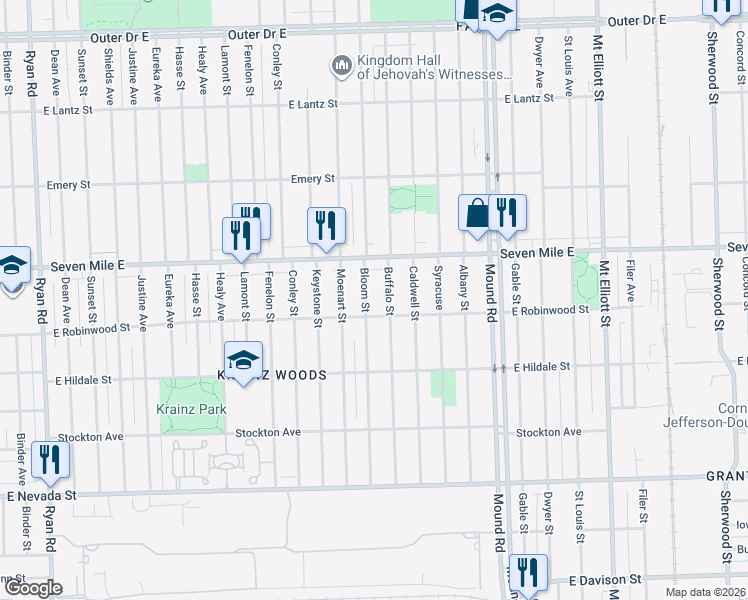 map of restaurants, bars, coffee shops, grocery stores, and more near 18828 Bloom Street in Detroit