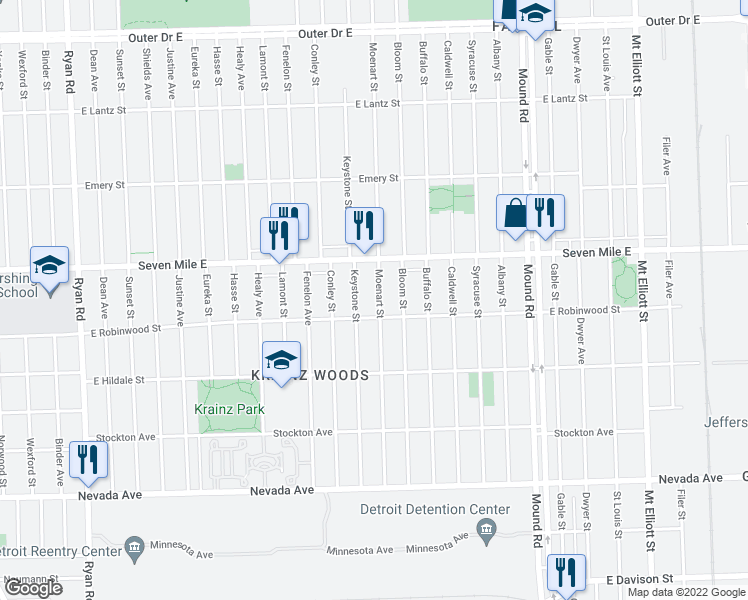 map of restaurants, bars, coffee shops, grocery stores, and more near 18827 Moenart Street in Detroit