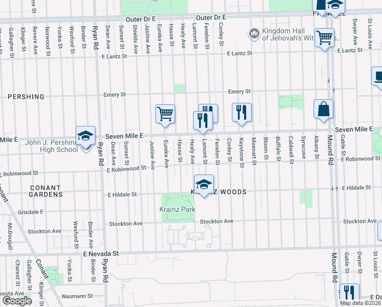 map of restaurants, bars, coffee shops, grocery stores, and more near 18836 Healy Street in Detroit