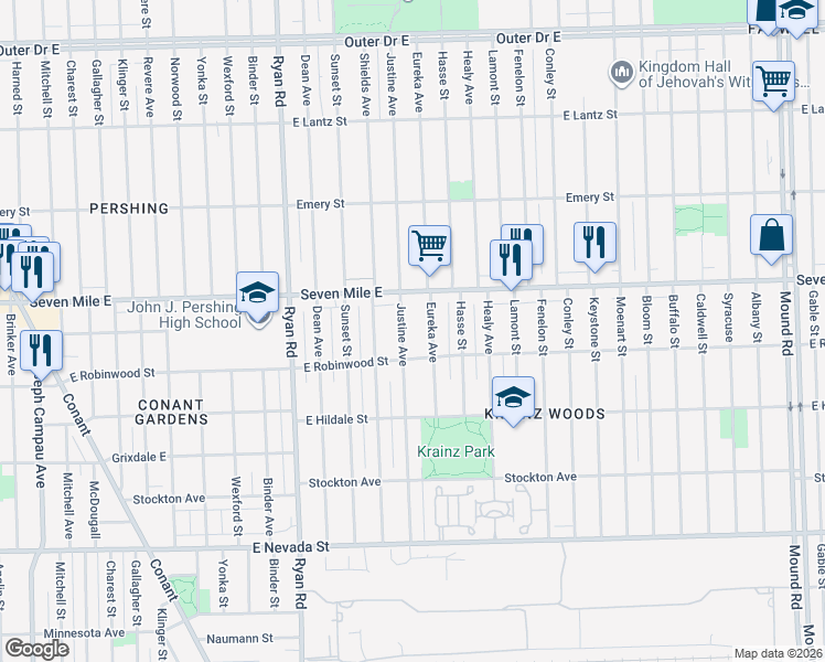 map of restaurants, bars, coffee shops, grocery stores, and more near 18845 Eureka Street in Detroit