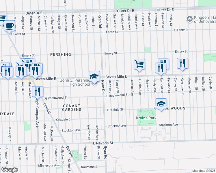 map of restaurants, bars, coffee shops, grocery stores, and more near 18858 Ryan Road in Detroit