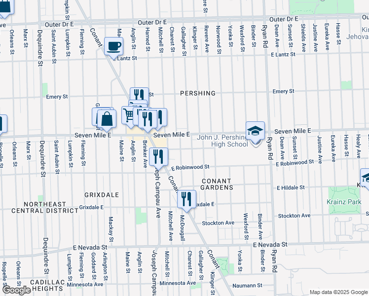 map of restaurants, bars, coffee shops, grocery stores, and more near 3140 East Brentwood Street in Detroit