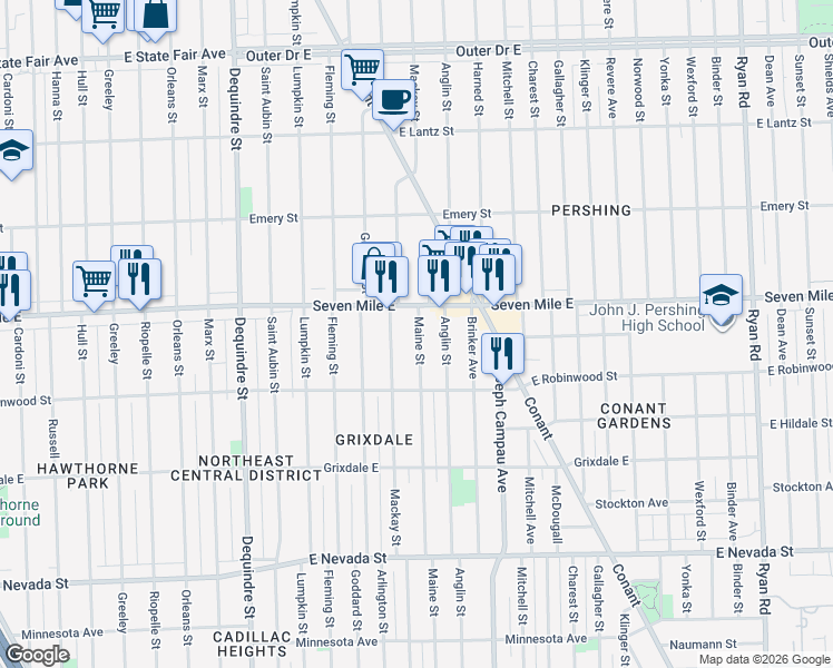 map of restaurants, bars, coffee shops, grocery stores, and more near 18903 Maine Street in Detroit