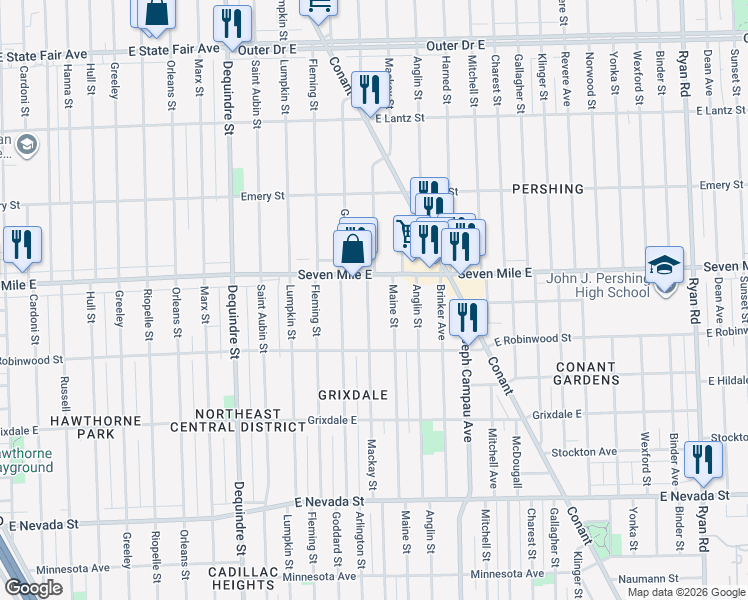 map of restaurants, bars, coffee shops, grocery stores, and more near 18905 Mackay Street in Detroit