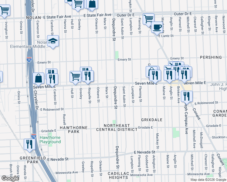 map of restaurants, bars, coffee shops, grocery stores, and more near 18910 Marx Street in Highland Park