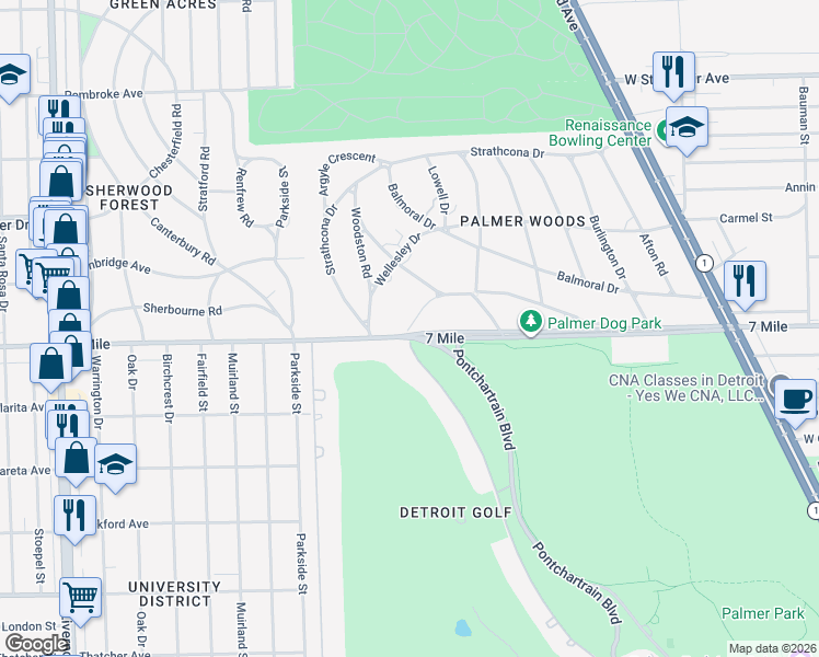 map of restaurants, bars, coffee shops, grocery stores, and more near 1820 West Seven Mile Road in Detroit