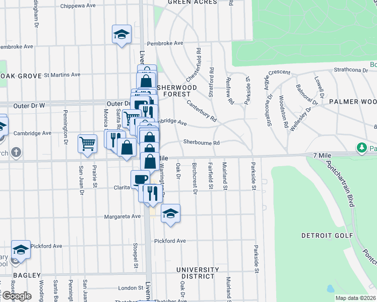 map of restaurants, bars, coffee shops, grocery stores, and more near 3500 West Seven Mile Road in Detroit
