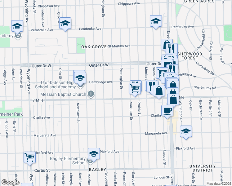 map of restaurants, bars, coffee shops, grocery stores, and more near 19137 Santa Barbara Drive in Detroit