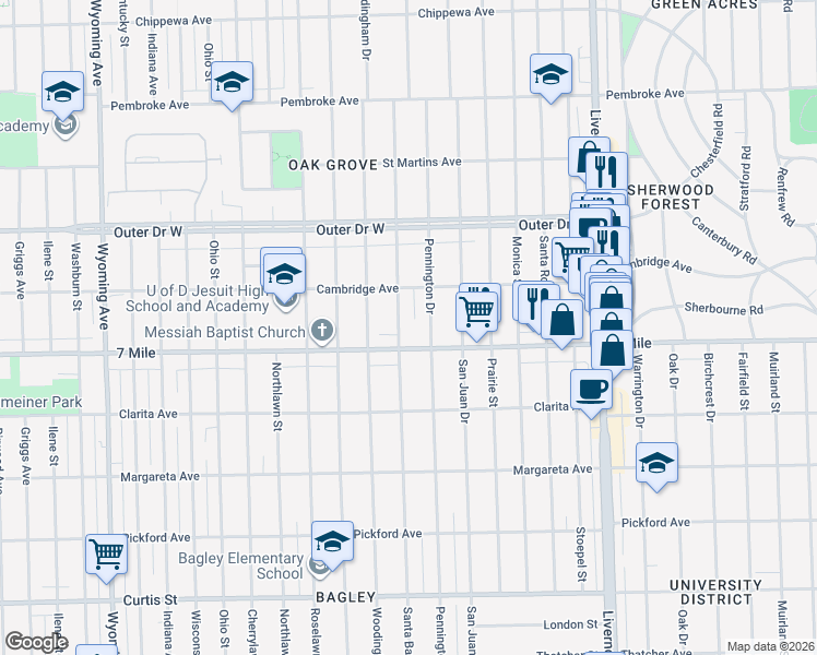 map of restaurants, bars, coffee shops, grocery stores, and more near 19137 Santa Barbara Drive in Detroit
